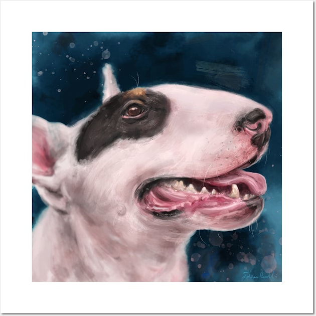 Painting of a Bull Terrier With Black Spot on Eye and Tongue Out on Dark Blue Background Wall Art by ibadishi